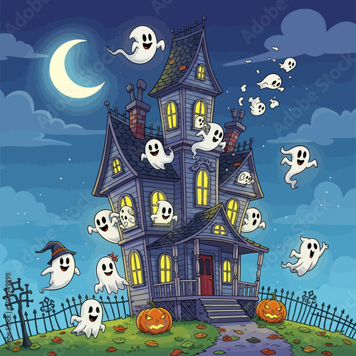 A spooky haunted house at night with many cartoon ghosts flying around under a crescent moon for Halloween.