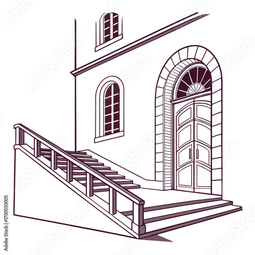 Elegant arched doorway with double doors and a grand staircase leading up to the entrance