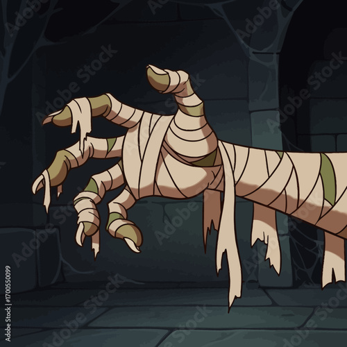 A cartoon mummy's hand wrapped in tattered bandages reaches out from a dark, spooky stone dungeon.