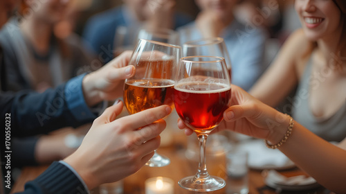 Clinking glasses with alcohol and toasting, party.