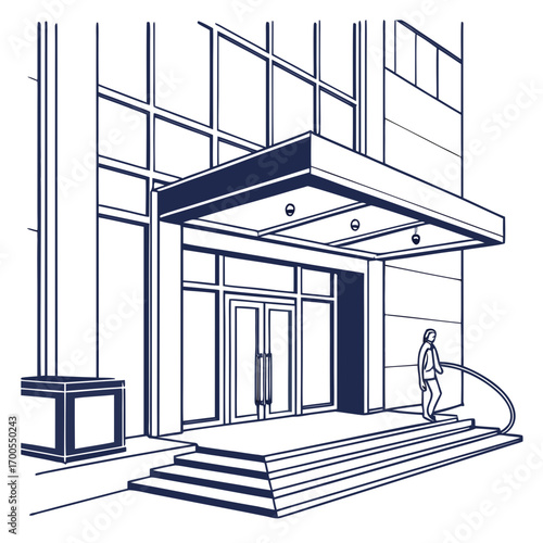 Modern building entrance with glass doors and a person descending stairs outside