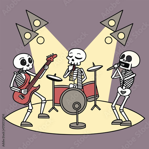 Funny Skeleton Rock Band on Stage T-shirt Design