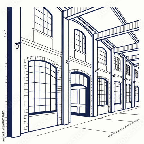 Architectural line drawing of a historic industrial building with arched windows and exposed beams