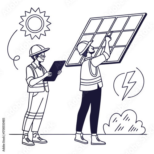 Two engineers in hard hats and vests installing a solar panel under the sun with a lightning bolt symbol