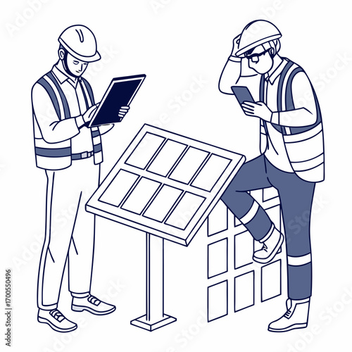 Two construction workers in hard hats and safety vests reviewing plans on tablets near solar panels