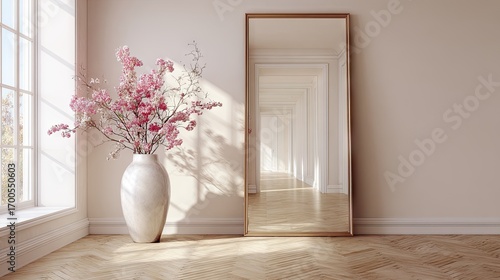 Pink blossoms in a white vase brighten a sunlit room with a gold mirror.
