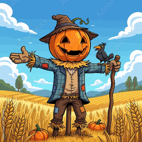 A cheerful cartoon scarecrow with a jack-o'-lantern head and a crow stands in a golden wheat field under a sunny sky.