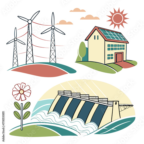 Illustration of renewable energy sources including wind turbines solar panels on a house and a hydroelectric dam