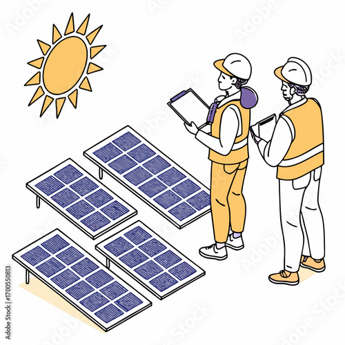 Two construction workers in safety vests and hard hats inspect solar panels under a bright sun