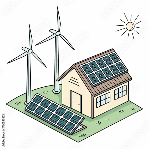 Eco friendly house with solar panels and wind turbines generating clean renewable energy under a sunny sky