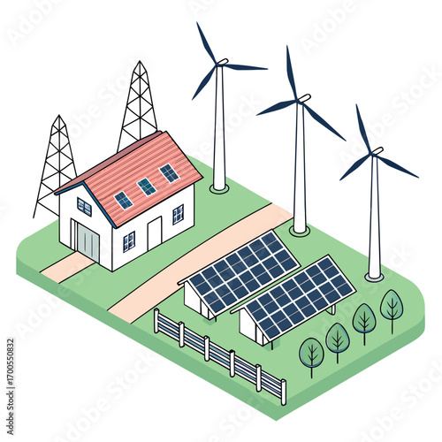 Eco friendly house powered by solar panels and wind turbines generating clean renewable energy