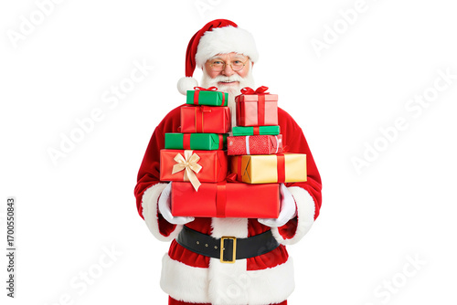 santa claus holding gift boxes on white background