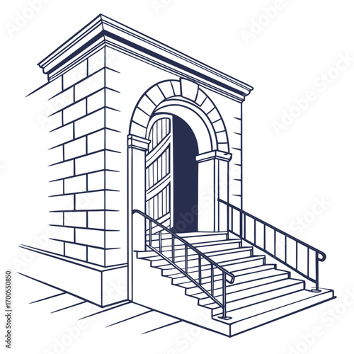 Elegant stone building entrance with an arched doorway and open double doors leading up a grand staircase