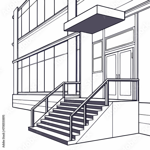 Modern building entrance with stairs and double doors in a clean line art style