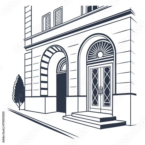 Elegant building facade with arched doorways and ornate double doors on a street