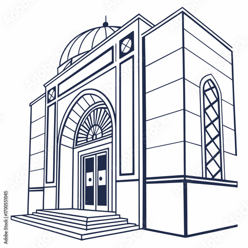 Architectural illustration of a grand building with a dome and arched entrance featuring double doors and steps