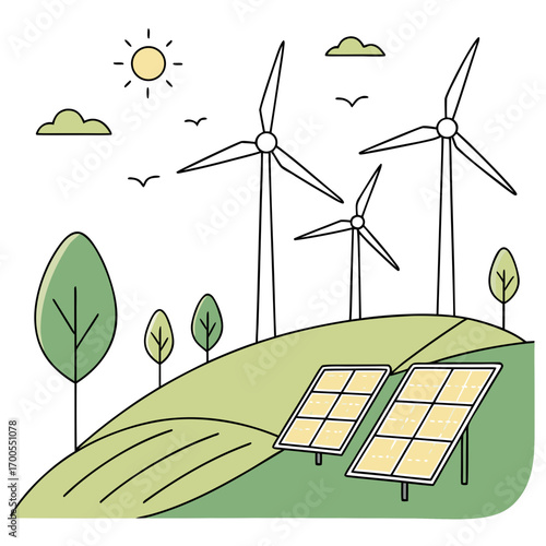 Green energy landscape with wind turbines and solar panels on rolling hills under a sunny sky