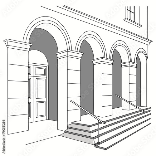Classic architectural entrance with arches columns and steps leading to a double door