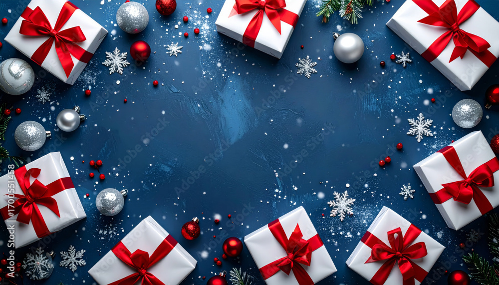 Obraz premium Festive Christmas composition with gift boxes and red ribbons on blue background, surrounded by ornaments and snowflakes