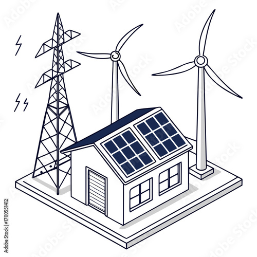 Modern home powered by renewable energy sources including solar panels and wind turbines