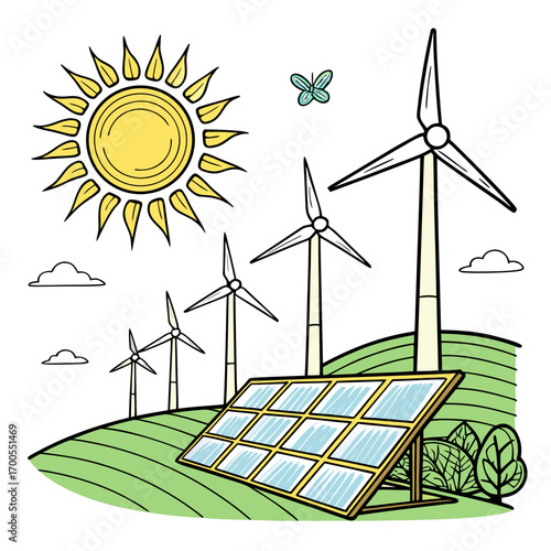 Stylized drawing of a sunny landscape with solar panels and wind turbines generating clean energy