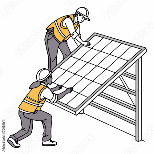 Two construction workers in safety vests and hard hats installing a solar panel on a frame