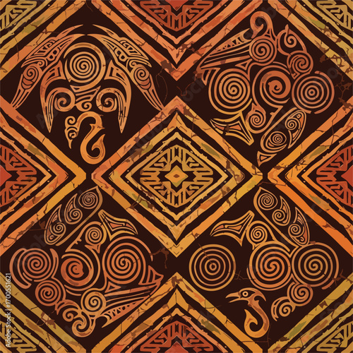 Tribal pattern with ancient art motifs in golden and brown hues seamless design, seamless pattern, royalty free stock.