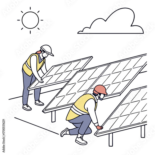 Two workers in hard hats and vests installing solar panels on a sunny day with a cloud in the sky