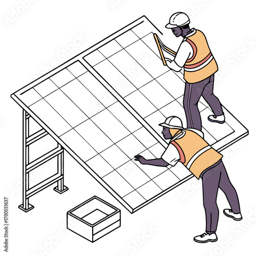 Two construction workers in safety vests install solar panels on a tilted rack system