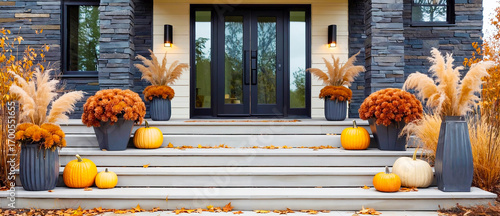 Street view of modern suburban cottage entrance decorated with pumpkins, pampas grass and chrysanthemums. Autumn exterior with fallen yellow leaves and seasonal decor.