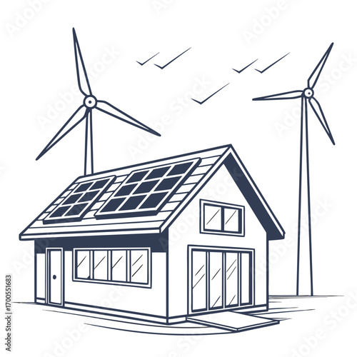 Modern house with solar panels on the roof and wind turbines generating clean renewable energy