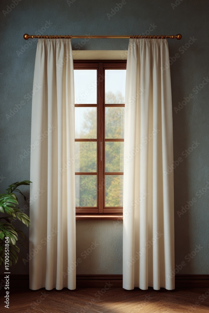 Fototapeta premium Soft curtains frame cozy window, inviting natural light and warm
