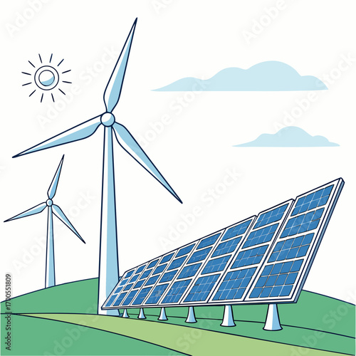 Clean energy landscape with solar panels and wind turbines under a sunny sky with clouds