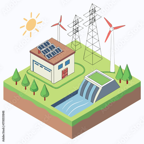 Sustainable energy sources including solar panels wind turbines and a hydroelectric dam powering a clean environment