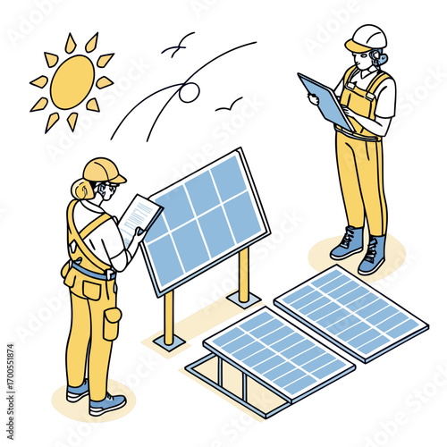Two engineers in hard hats and overalls inspect solar panels under a bright sun with birds flying