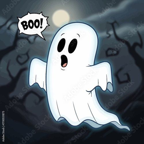 A cute cartoon ghost says 'BOO!' while floating in a spooky, moonlit forest at night.