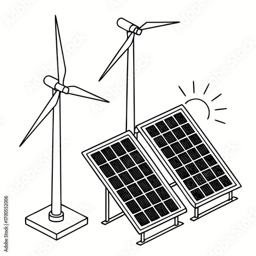 Clean energy concept illustration with wind turbines and solar panels under a bright sun