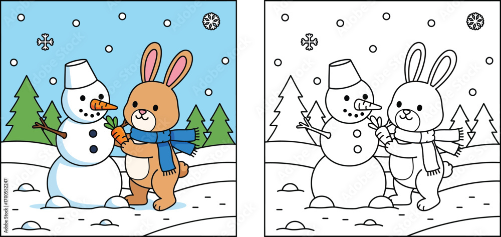 Fototapeta premium Cute Cartoon Bunny Building a Snowman - Adorable Rabbit in Scarf Giving Carrot Nose to Snowman in Winter Wonderland, Festive Kids Illustration