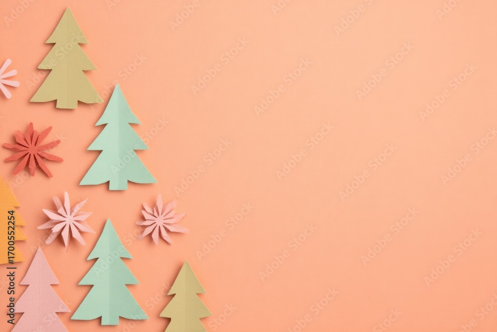 Naklejka premium Colorful paper trees and flowers arranged on peach background cr