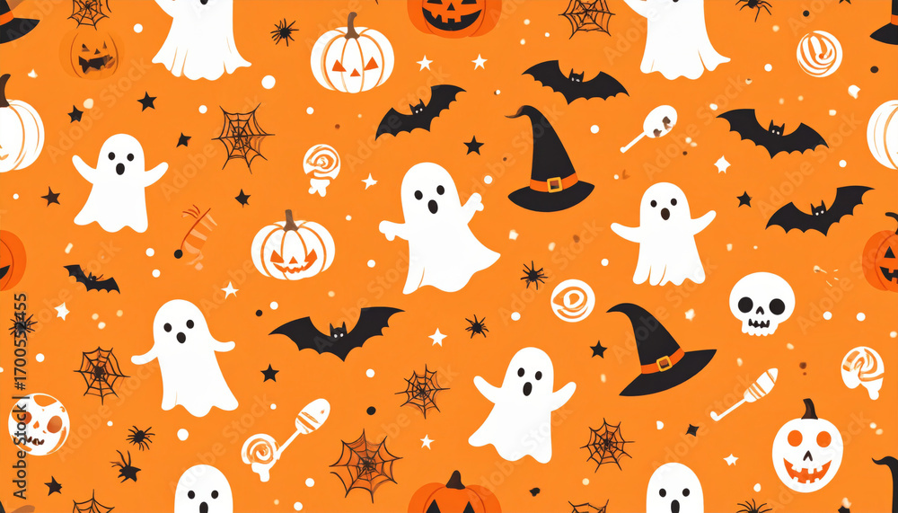 Fototapeta premium Seamless Halloween pattern with ghosts, pumpkins, bats, and witch hats on orange background