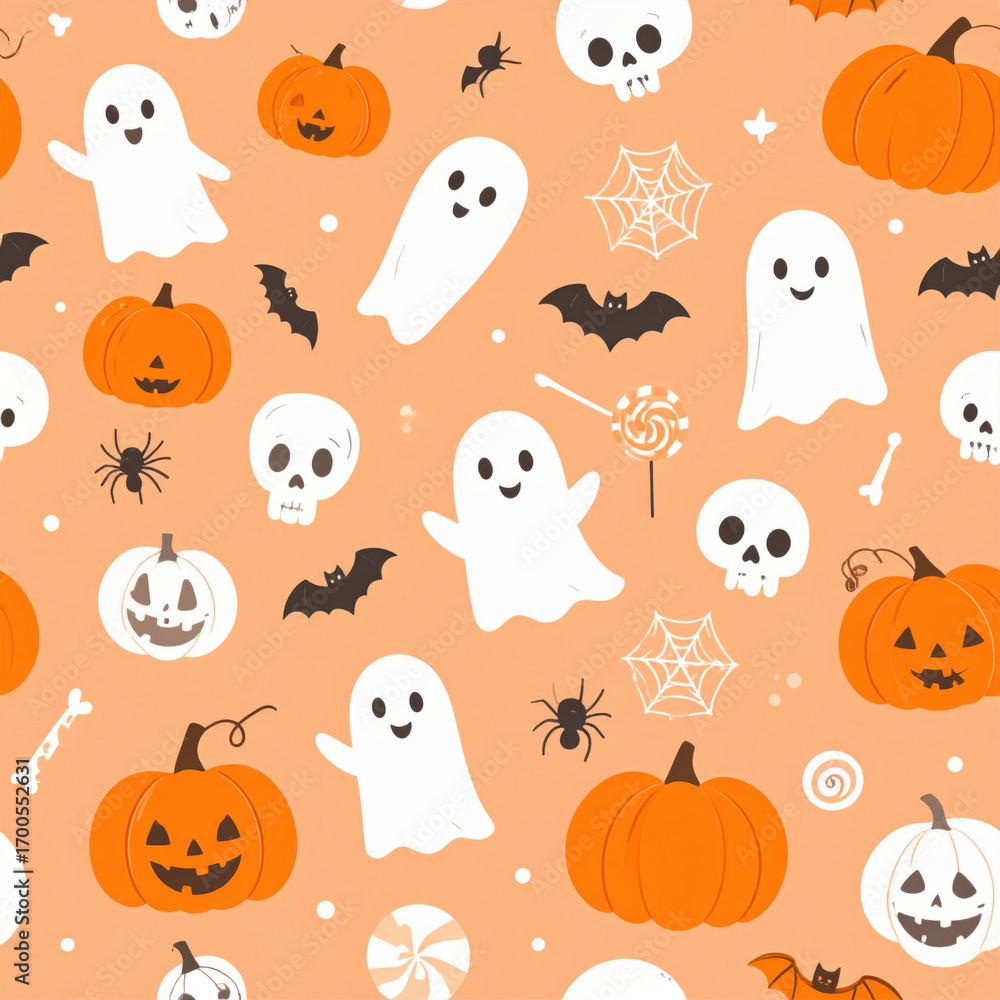 Naklejka premium Cute Halloween pattern with ghosts, pumpkins, skulls, bats, and candy on orange background