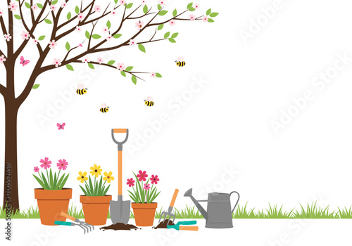 Spring garden scene with blooming tree watering can flowers and busy bees working together