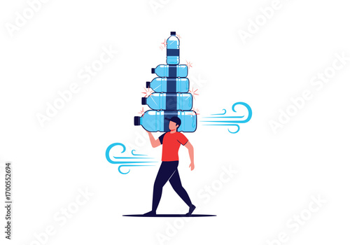 Man carrying stack of water bottles with wind illustration