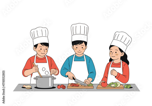 Children happily learning to cook in a culinary class
