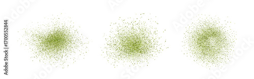 Green matcha tea powder splash on white background, top view, isolated dust texture.