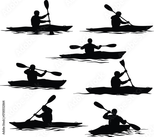 Kayaking silhouette set featuring paddle techniques, water ripples, and seated poses for outdoor adventure design, education, and merch