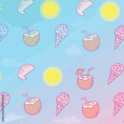 Summery seamless pattern with sun, coconut drink and ice cream illustration, patern seamless, Stock royalty image.