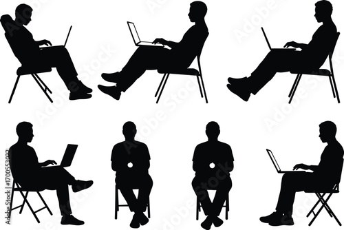 Laptop user silhouette set featuring seated postures, ergonomic gestures, and chair variations for tech design, education, and merch