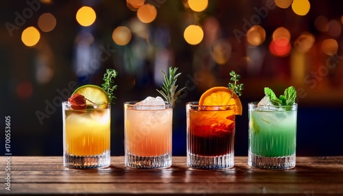 Four Colorful Cocktails Garnished With Citrus And Herbs Served In Short Glasses On A Wooden Table With A Blurred Background