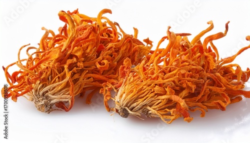 Four Clusters Of Dried Orange Cordyceps Mushrooms Isolated On Transparent Background